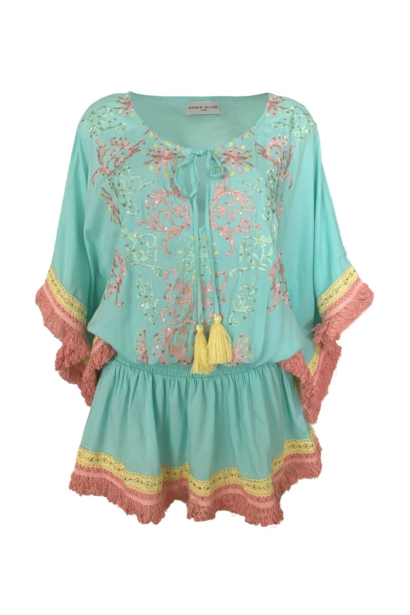 Sejla Short Dress: aqua - embroidered bib - 100% Modal - cotton fringes - bohemian touch - Miss June Paris - 6