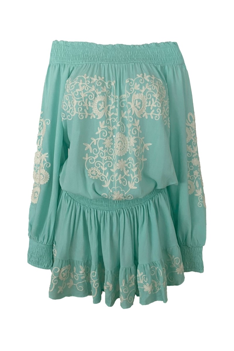 Aleyna Short Dress: aqua - embroidered bib - 100% Modal - bohemian touch - Miss June Paris - 6