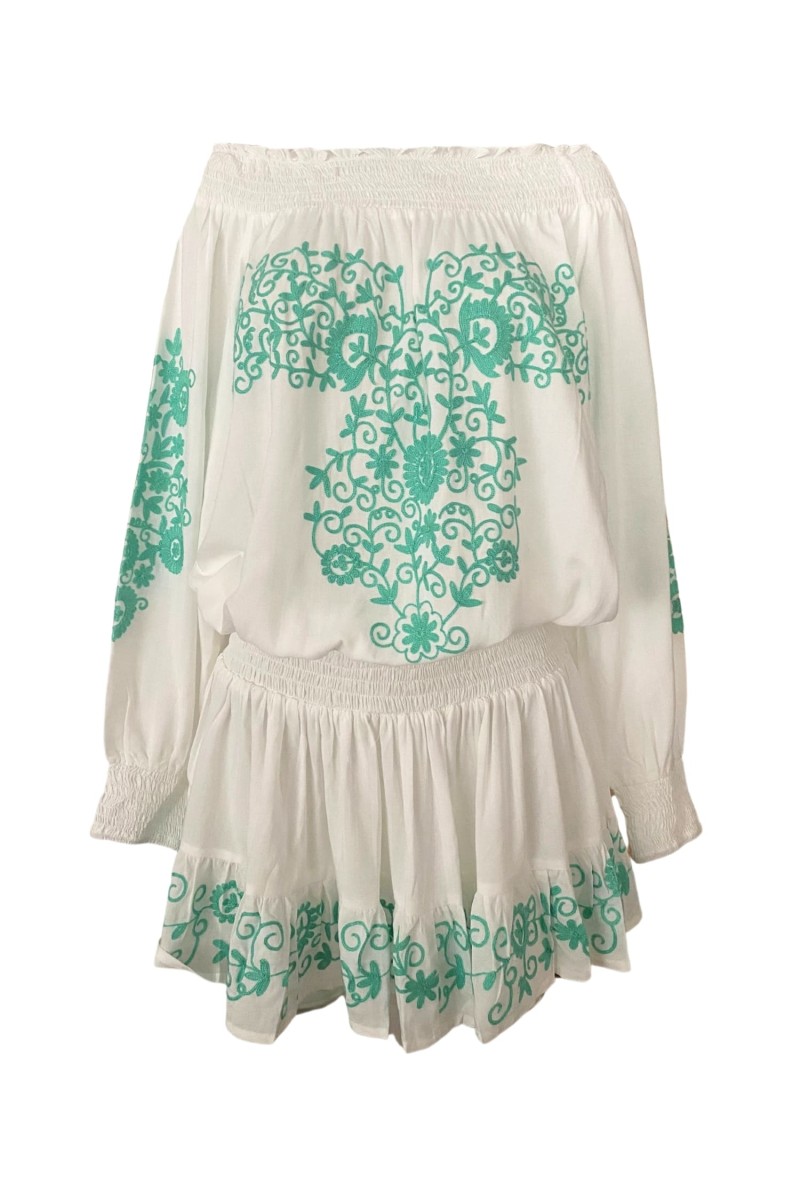 Aleyna Short Dress: white - embroidered bib - 100% Modal - bohemian touch - Miss June Paris - 6