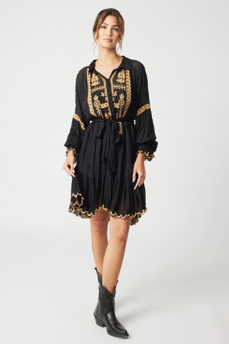 Vestido curto Eleonora - preto - bordado dourado - mangas longas - Miss June Paris - 3