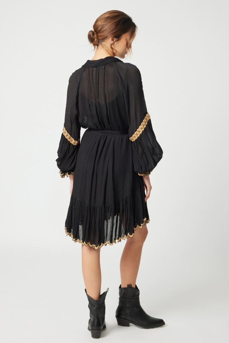 Vestido corto Eleonora - negro - bordado dorado - manga larga - Miss June Paris - 4