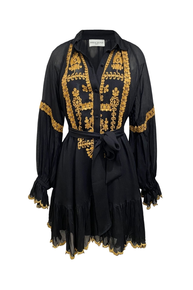 Kurzes Kleid Eleonora - Farbe Schwarz - goldene Stickerei - lange Ärmel - Miss June Paris - 6