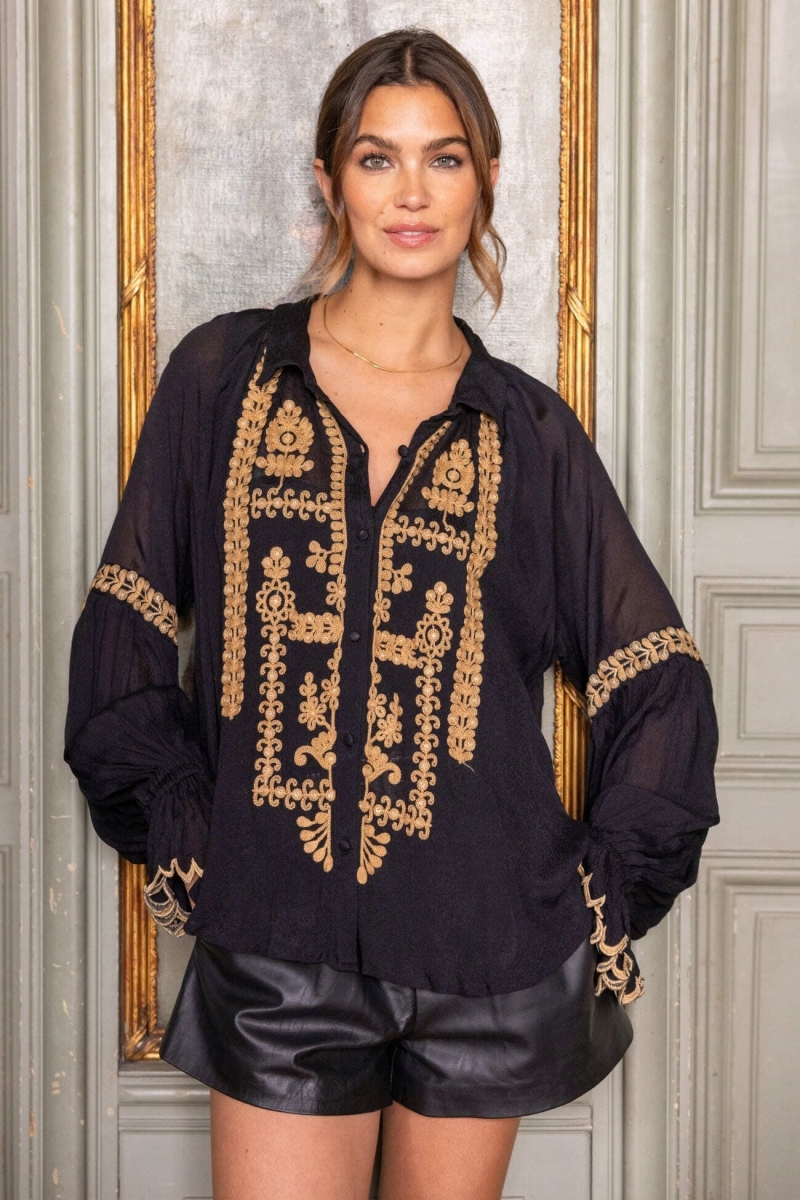 Camicia donna Anya - nero - dettagli ricamati - manica lunga - look bohemien chic - Miss June Paris - 2