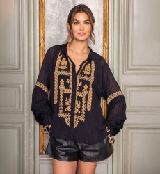 Camicia donna Anya - nero - dettagli ricamati - manica lunga - look bohemien chic - Miss June Paris - 2