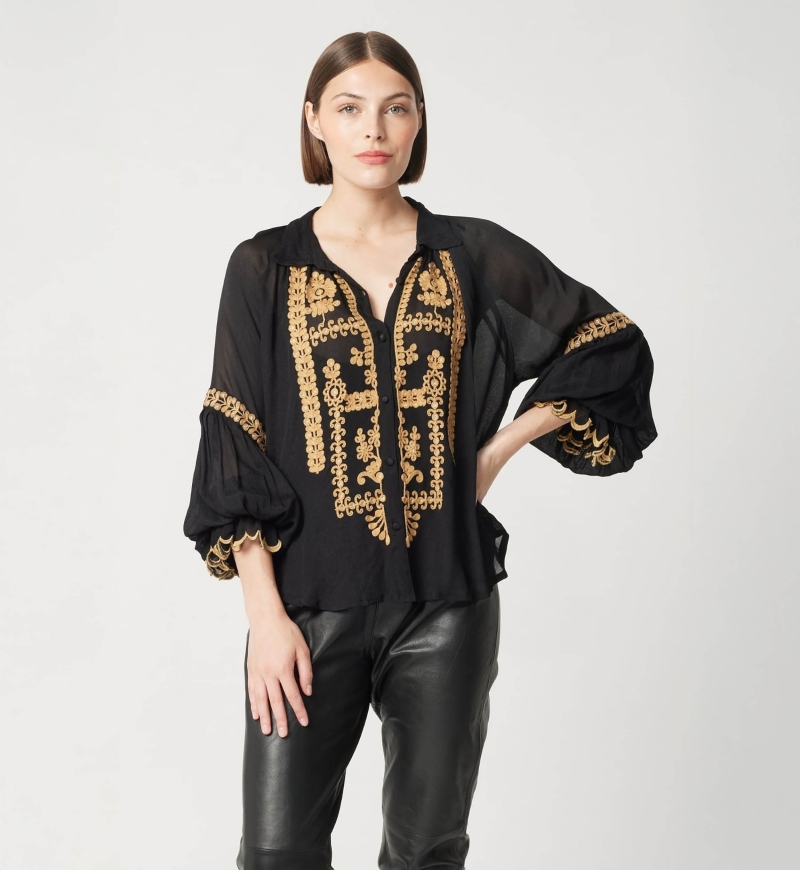 Camicia donna Anya - nero - dettagli ricamati - manica lunga - look bohemien chic - Miss June Paris - 3