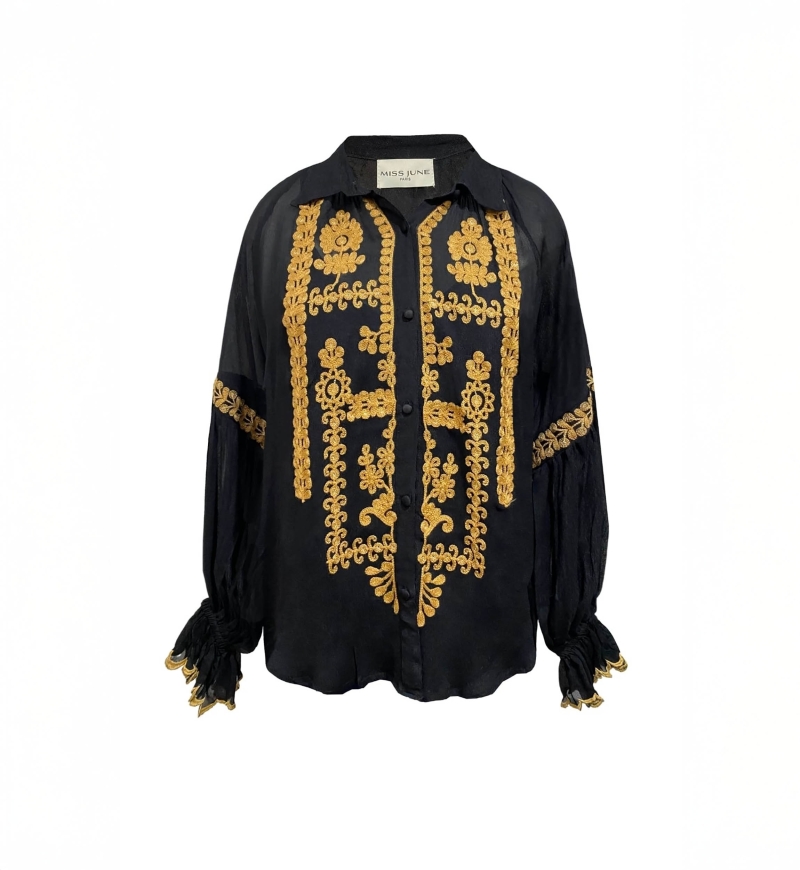 Camicia donna Anya - nero - dettagli ricamati - manica lunga - look bohemien chic - Miss June Paris - 5