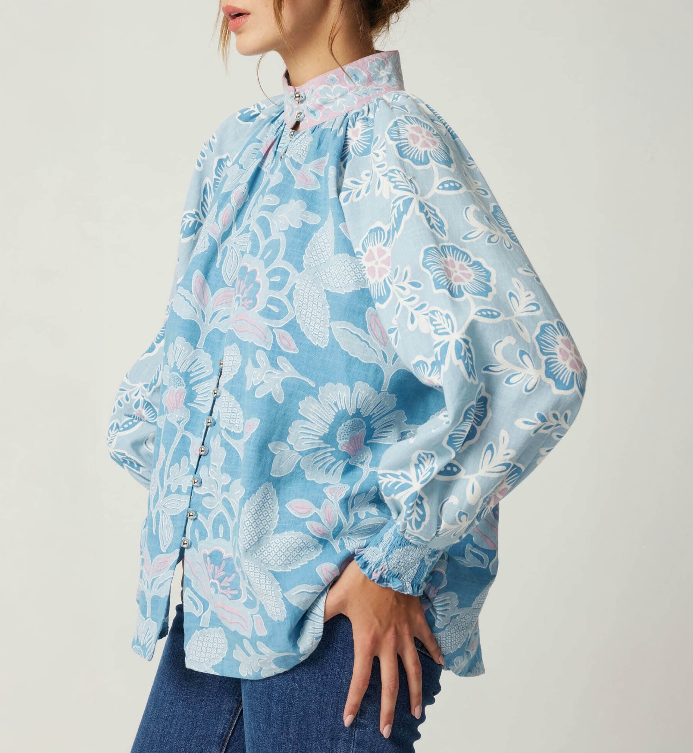 Kurzes Kleid Clemence - Paisleymuster - silberne Knöpfe - 100% Baumwolle - Miss June Paris - 5