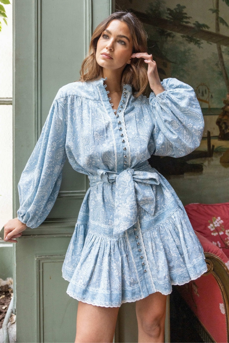 Kurzes Kleid Clemence - Paisleymuster - silberne Knöpfe - 100% Baumwolle - Miss June Paris - 2