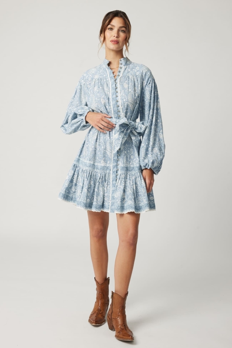 Kurzes Kleid Clemence - Paisleymuster - silberne Knöpfe - 100% Baumwolle - Miss June Paris - 1