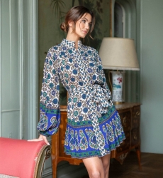 Kurzes Kleid Charlotte - grünes und beiges Muster - Miss June Paris - 1