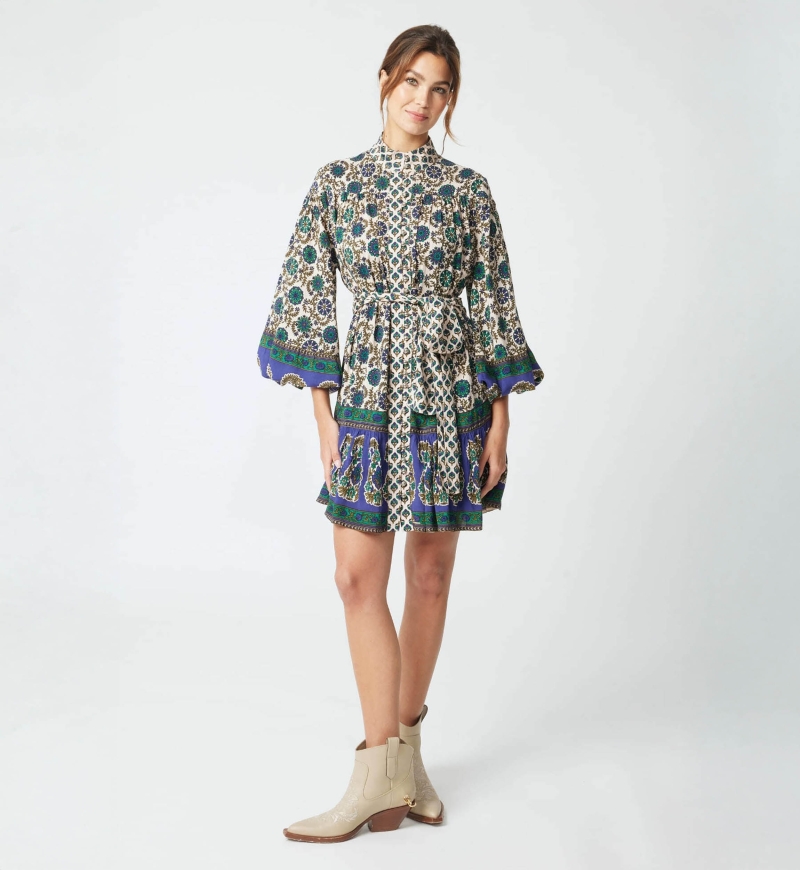 Kurzes Kleid Charlotte - grünes und beiges Muster - Miss June Paris - 3