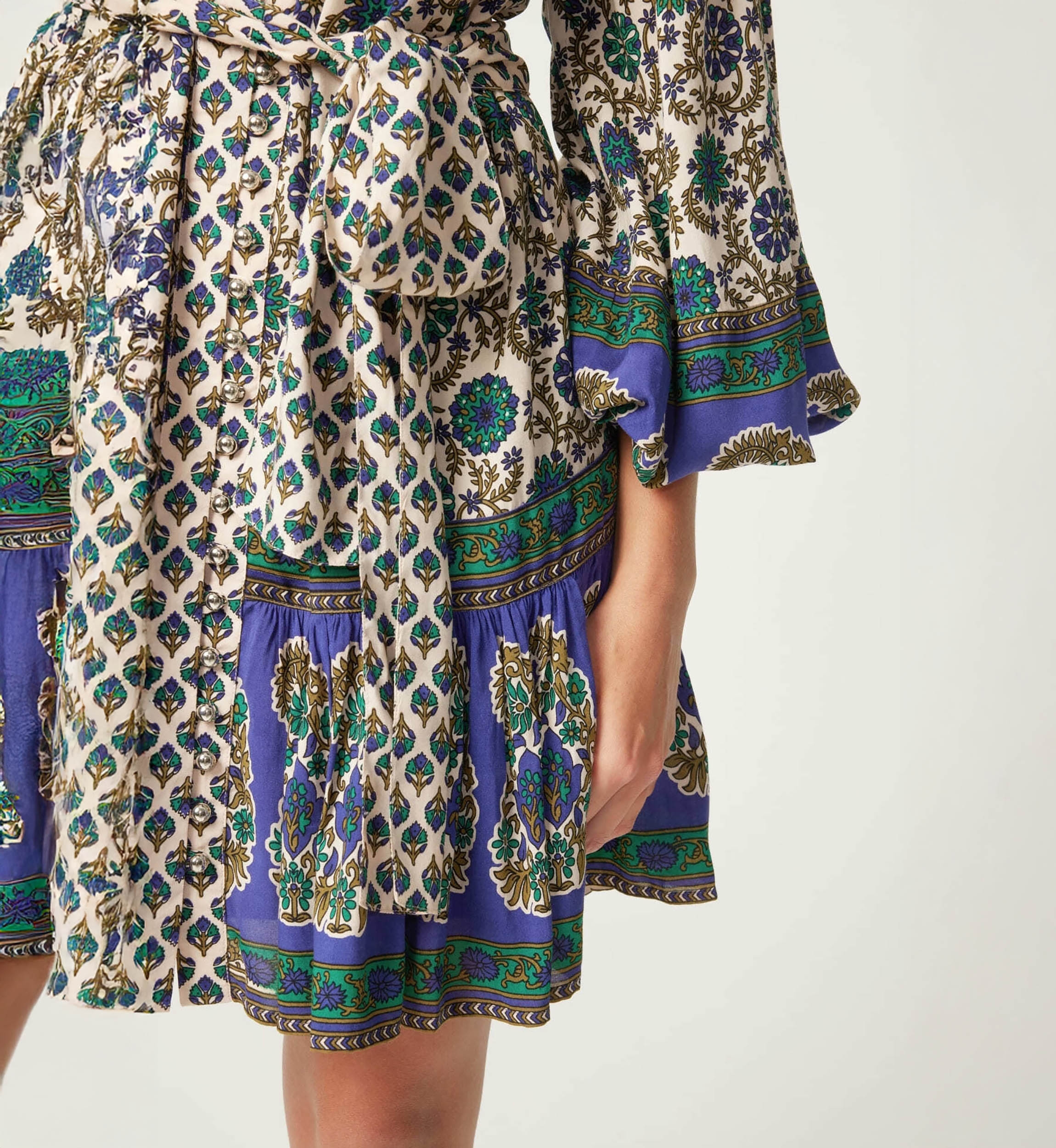 Kurzes Kleid Charlotte - grünes und beiges Muster - Miss June Paris - 5