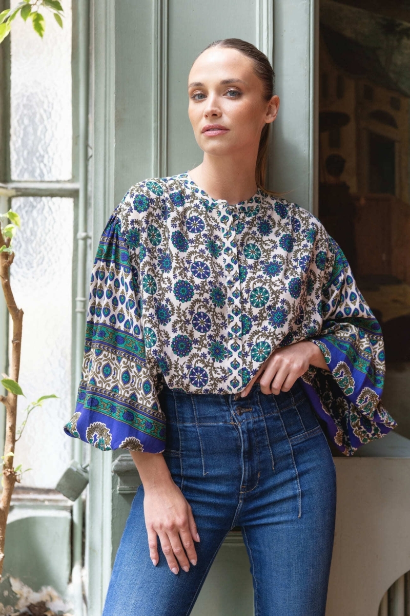 Bluse Ophelie - grünes und beiges Muster - Miss June Paris - 2