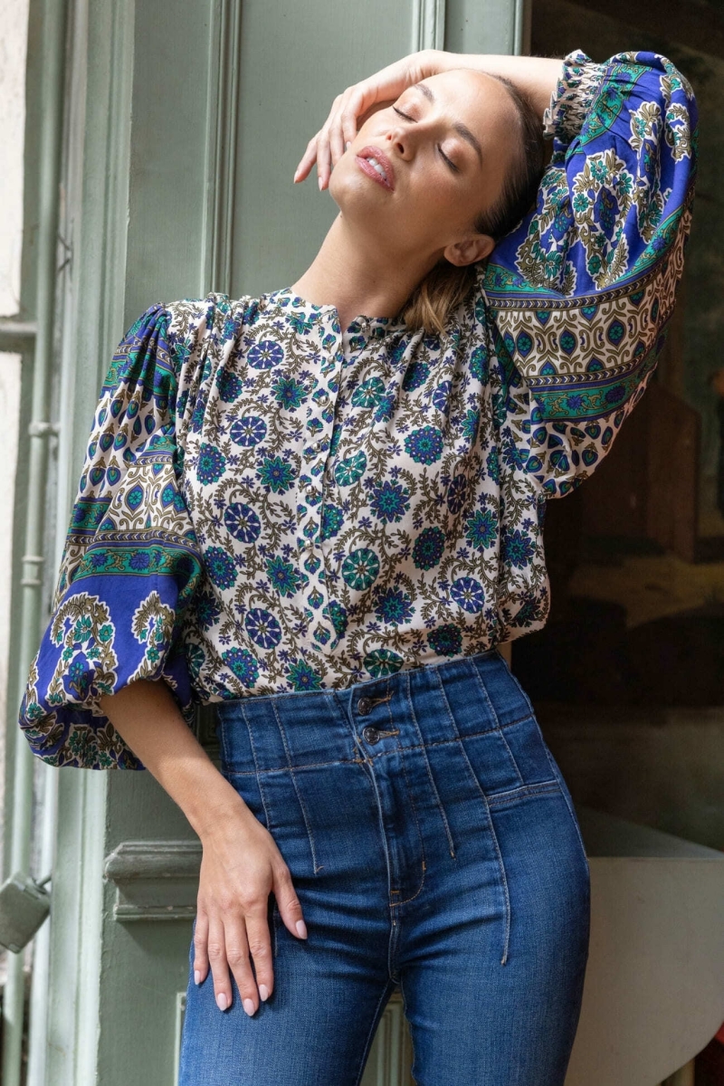 Bluse Ophelie - grünes und beiges Muster - Miss June Paris - 3