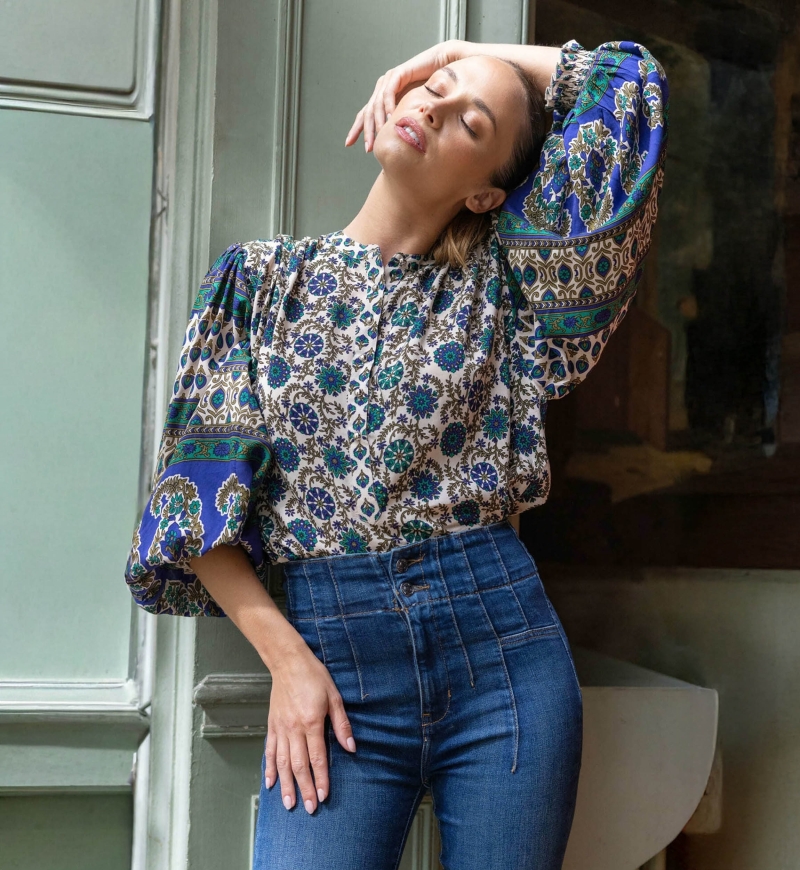 Blusa Ophelie - motivos em verde e bege - Miss June Paris - 3