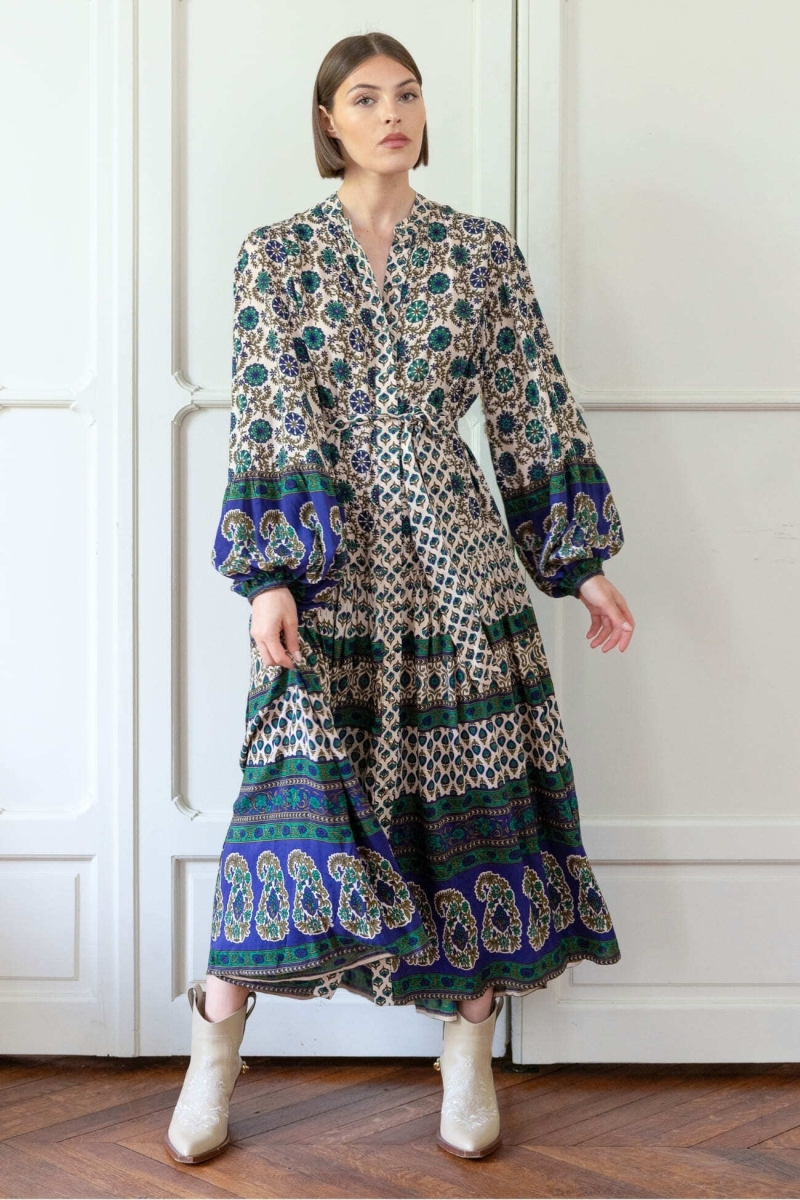 Vestido longo Eleonore - bege e verde - Miss June Paris - 1