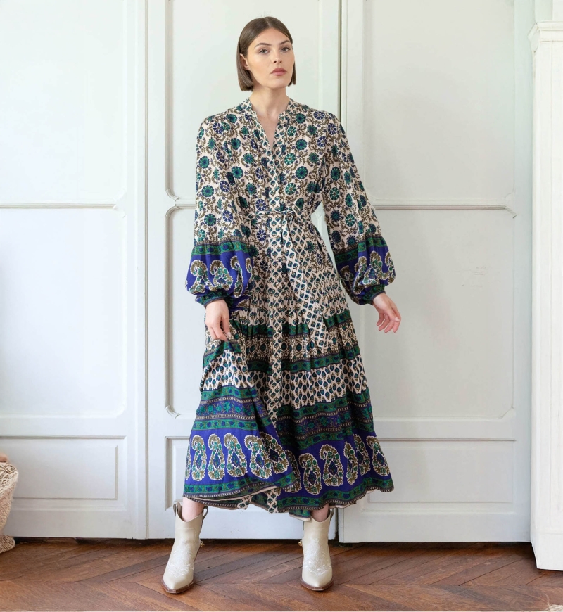 Vestido longo Eleonore - bege e verde - Miss June Paris - 1