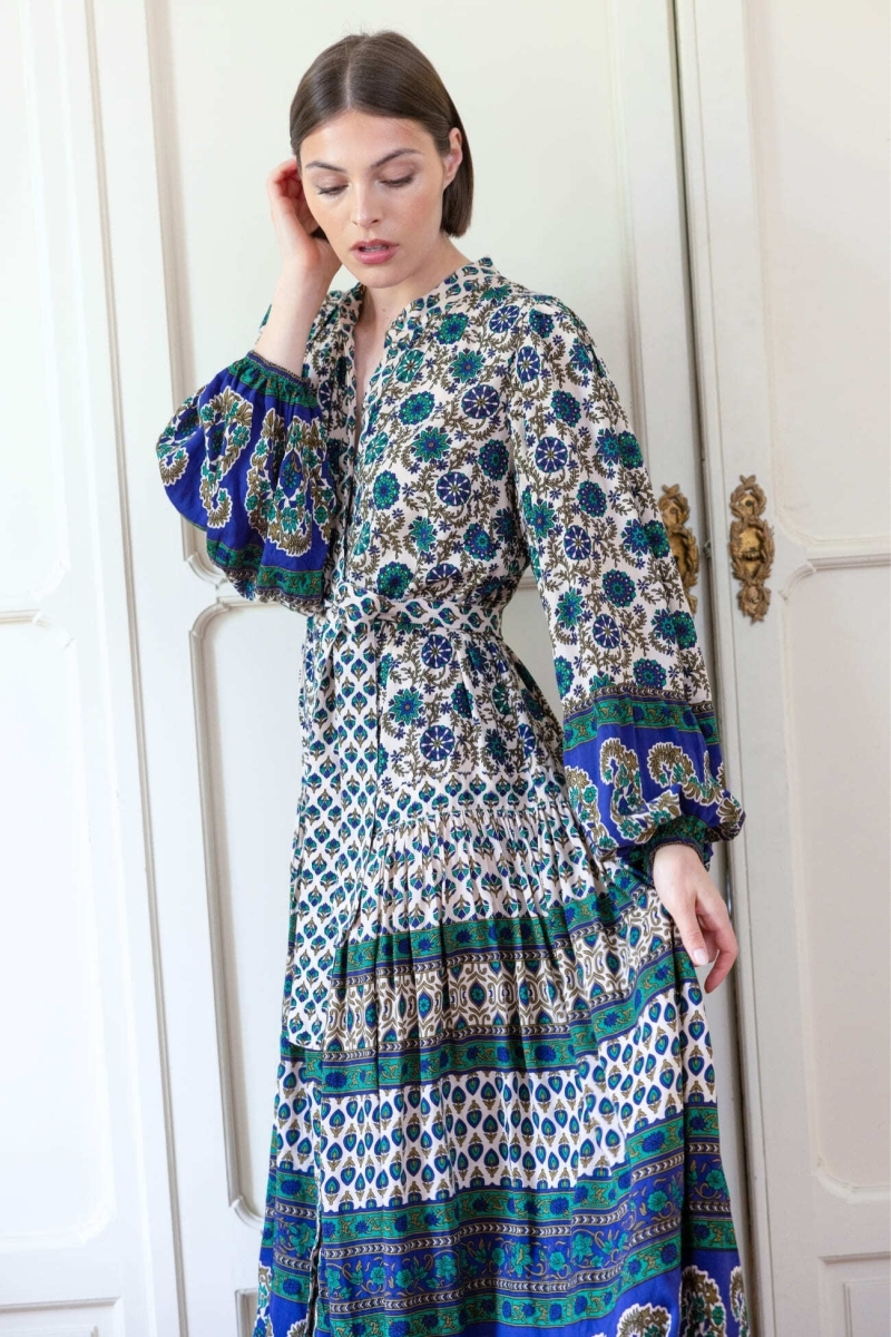 Vestido longo Eleonore - bege e verde - Miss June Paris - 2