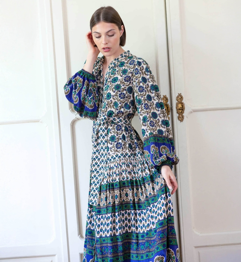 Vestido longo Eleonore - bege e verde - Miss June Paris - 2