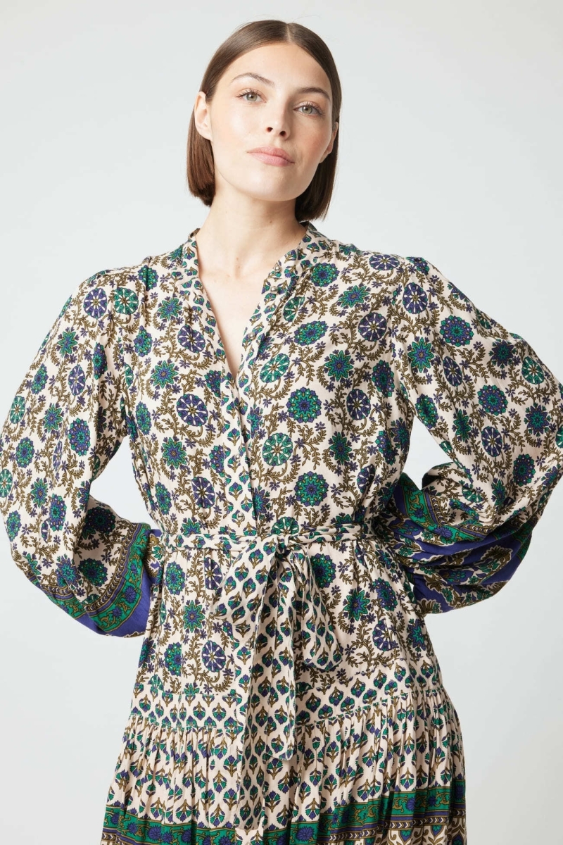 Vestido longo Eleonore - bege e verde - Miss June Paris - 5