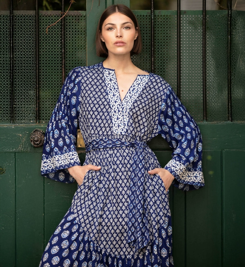 Vestido longo Elise - motivos bordados brancos - Miss June Paris - 1