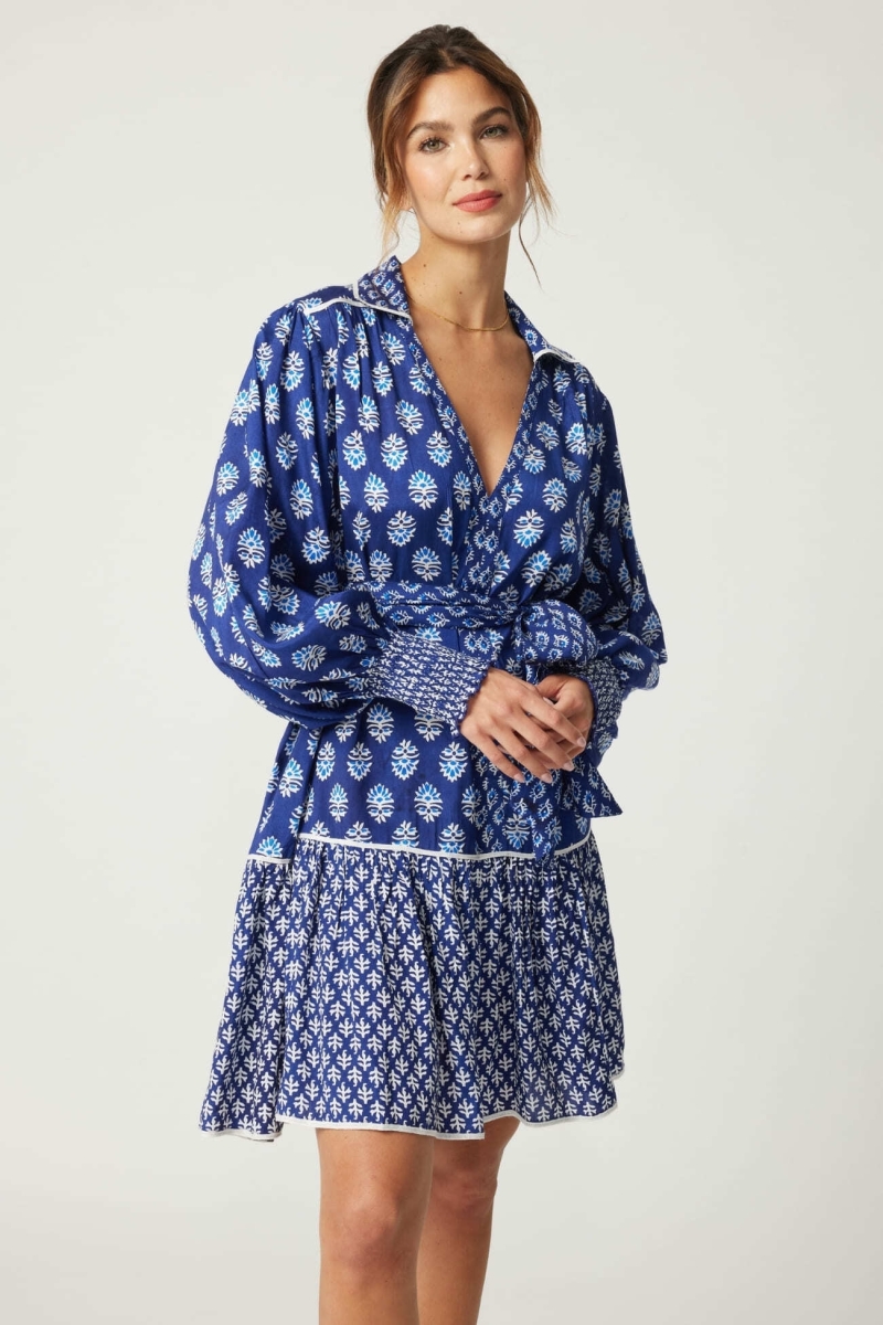 Kurzes Kleid Alix - Farbe marineblau - weiße Muster - Miss June Paris - 3