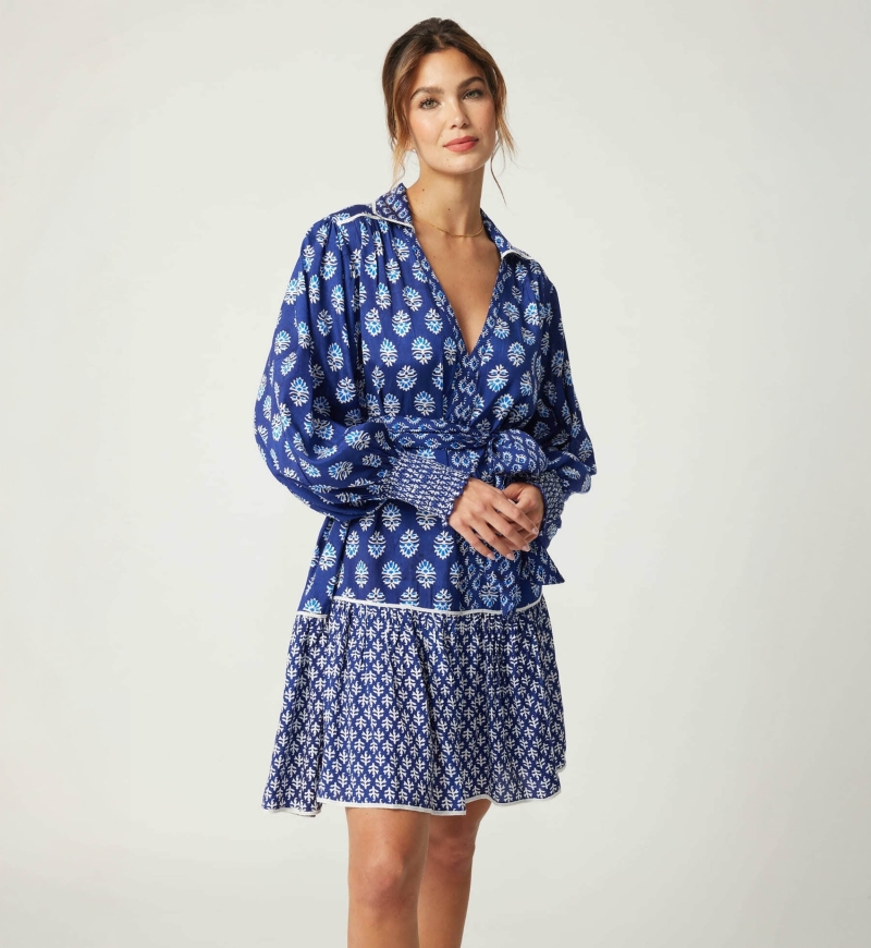 Robe courte Alix - couleur blue marine - motifs blancs - Miss June Paris - 3