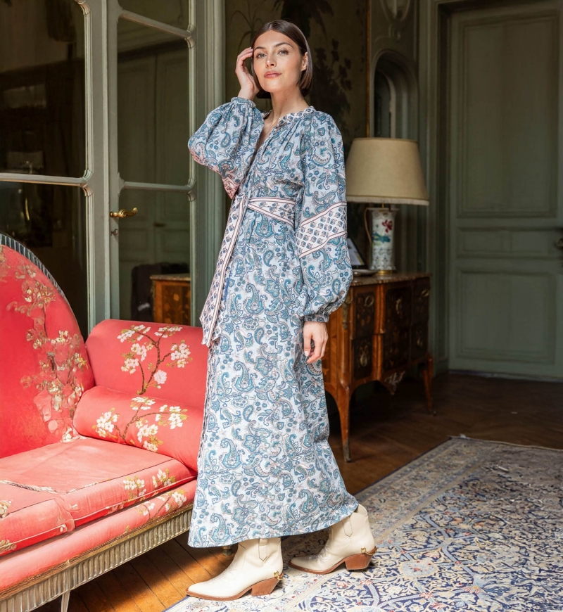 Abito lungo Kim - 100% cotone - bottoni argentati - Miss June Paris - 3