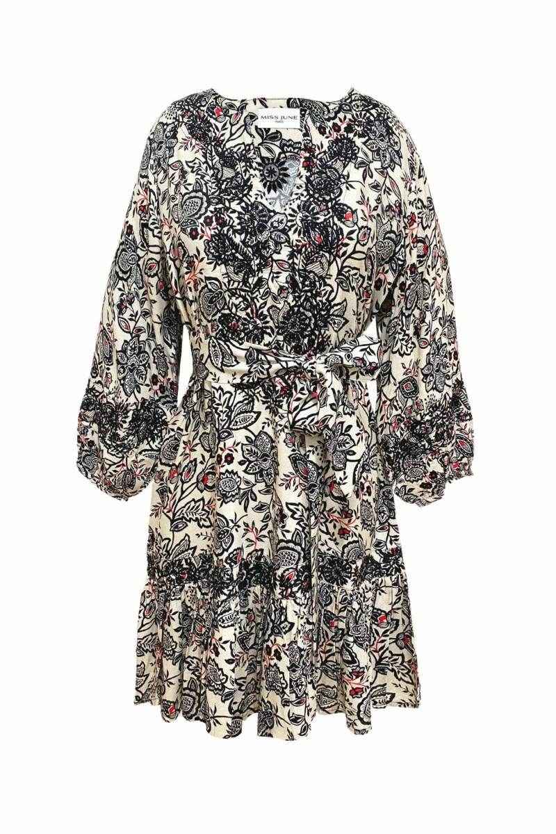 Vestido curto Dorine - motivo floral e bordado preto - Miss June Paris - 6