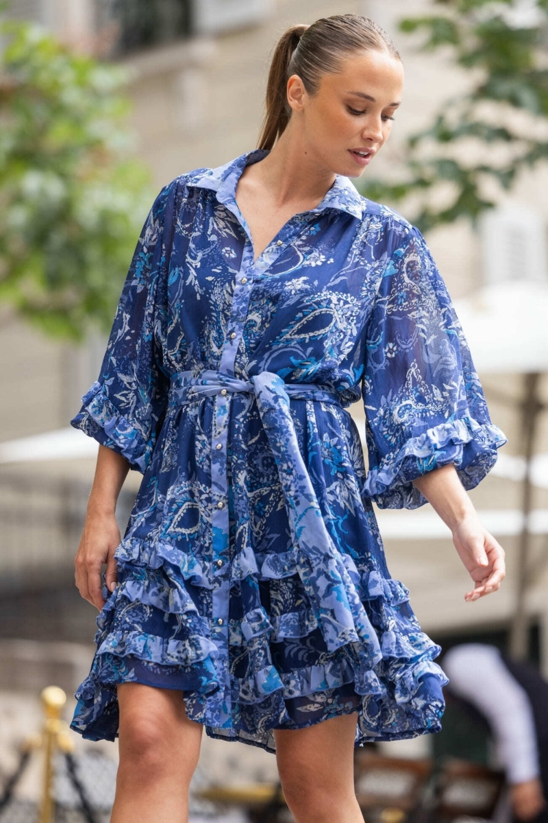 Vestido corto azul Philippine - motivos blancos y azules - Miss June Paris - 1