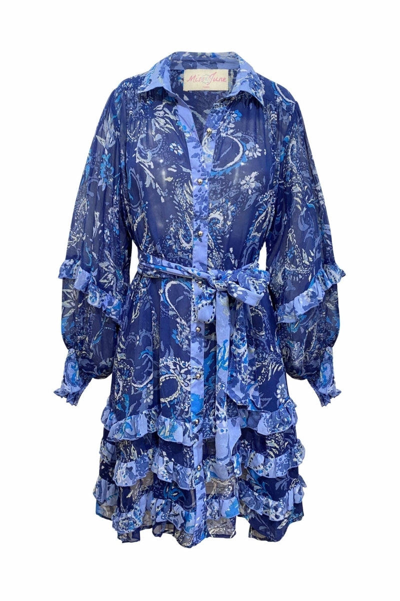 Kurzes Blue Dress Philippine - weiß-blaue Muster - Miss June Paris - 6