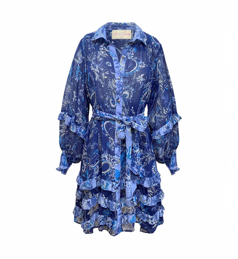 Robe blue courte Philippine - motifs blancs et bleus - Miss June Paris - 6