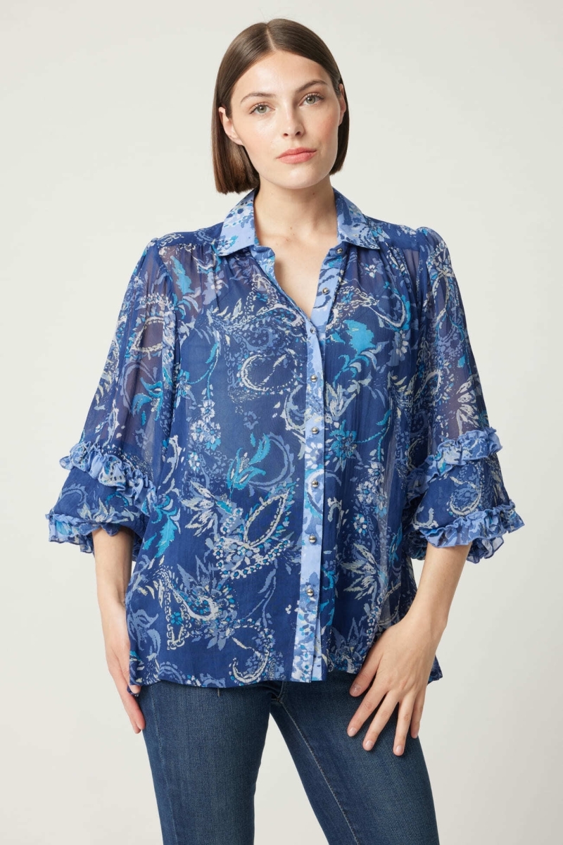 Camicia Ninon blu - motivi blu e bianchi - Miss June Paris - 4