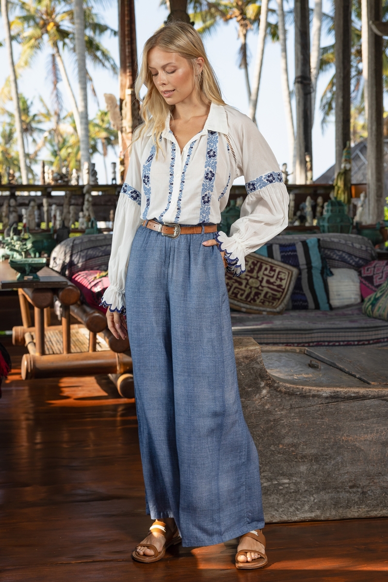 Calça Sola - tecido fluido com efeito denim - cintura elástica - Miss June Paris - 1