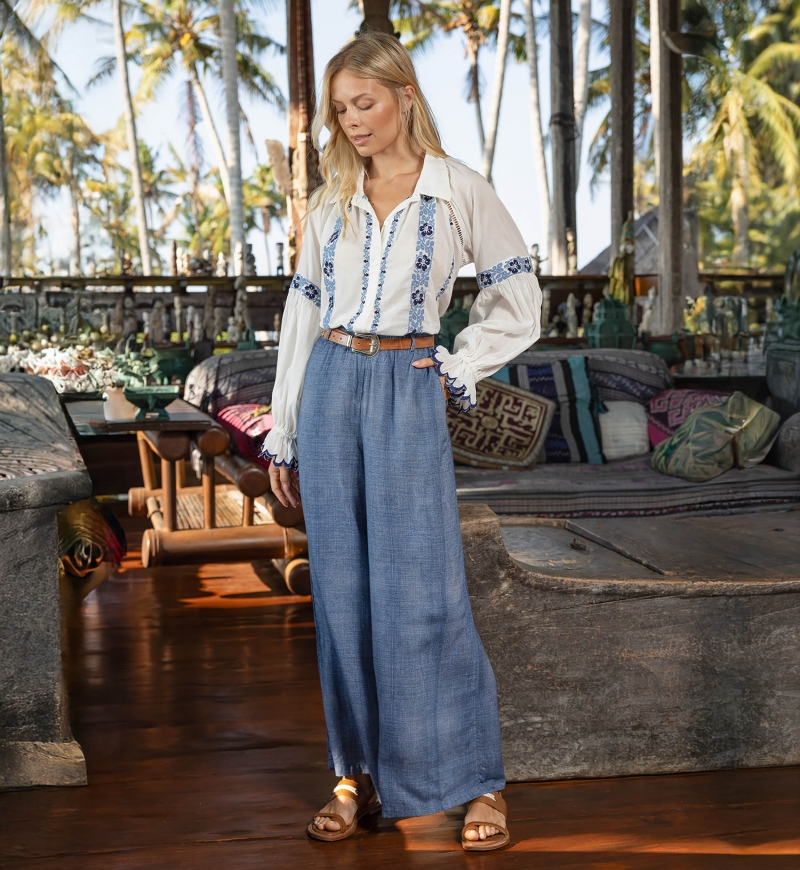 Pantalon Sola - matière fluide effet denim - taille élastique - Miss June Paris - 1