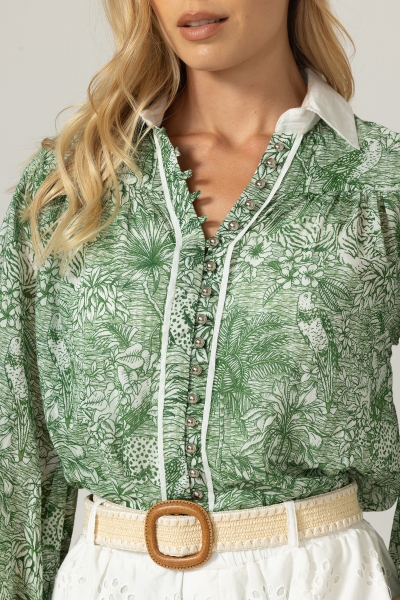 Green Mona Shirt - Jungle Print - 100% Cotton Voile - Miss June Paris - 5