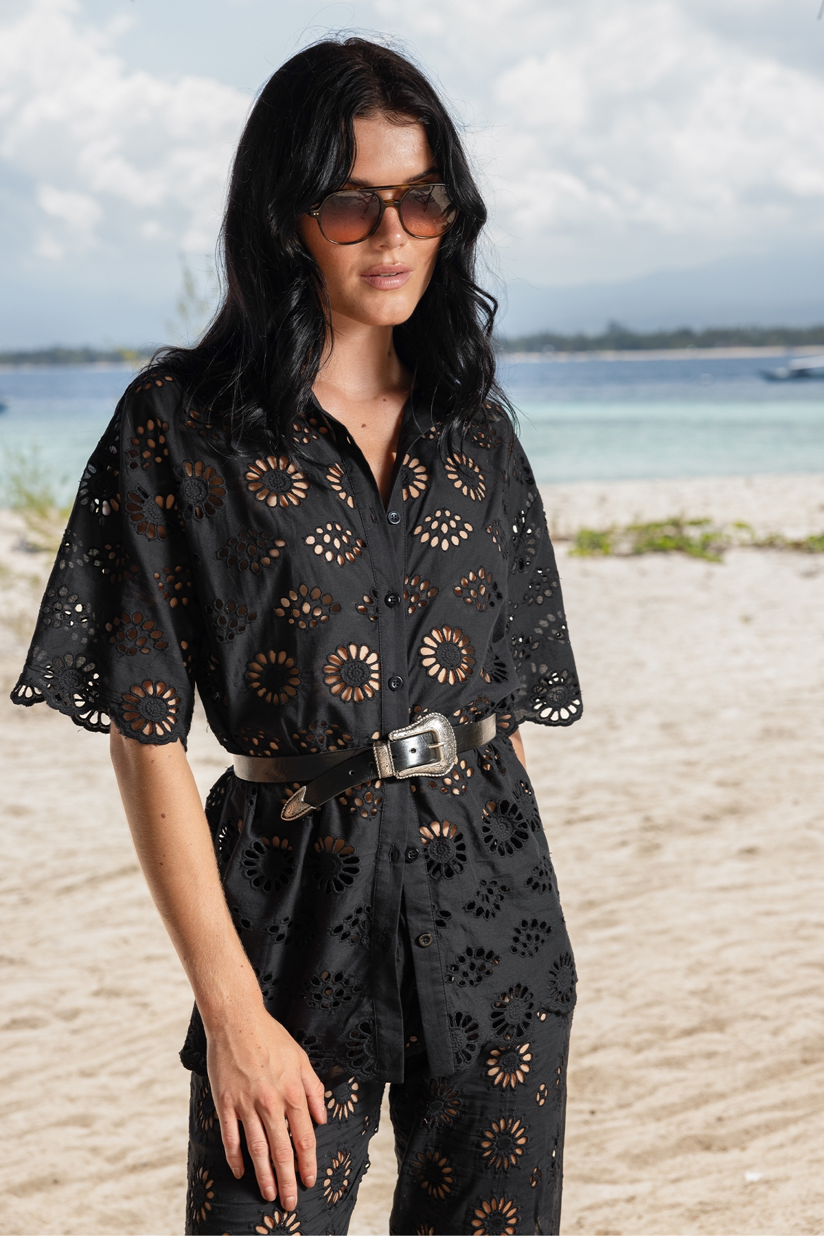 Mira shirt in eyelet embroidery - black - 100% cotton - Miss June Paris - 1