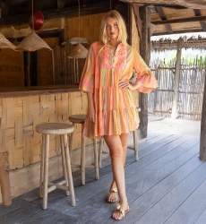 Vestido curto Akira - adornado com bordados - 100% voile de algodão - listras de cores vibrantes - Miss June Paris - 1