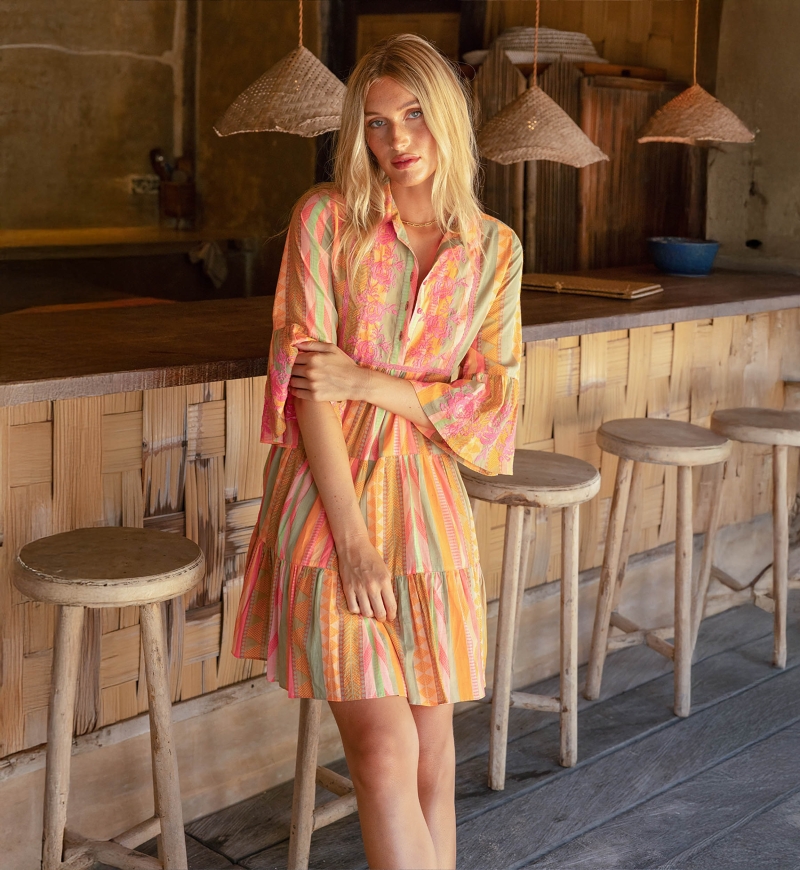 Vestido curto Akira - adornado com bordados - 100% voile de algodão - listras de cores vibrantes - Miss June Paris - 2