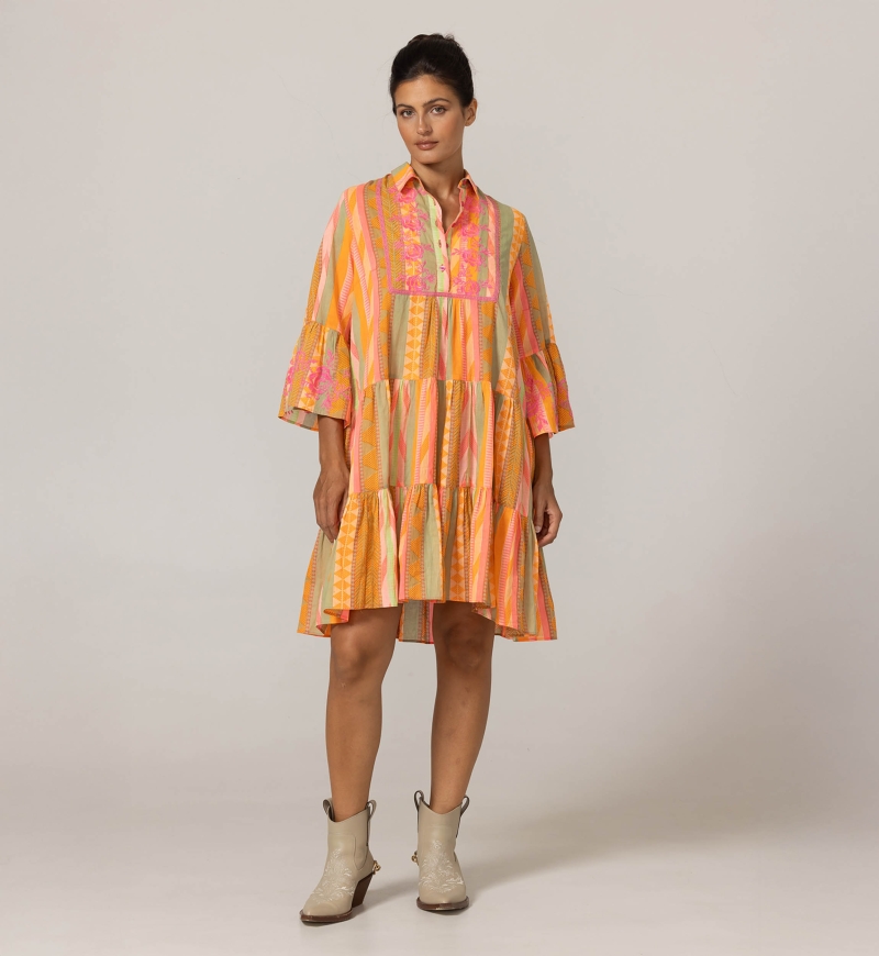 Vestido curto Akira - adornado com bordados - 100% voile de algodão - listras de cores vibrantes - Miss June Paris - 3