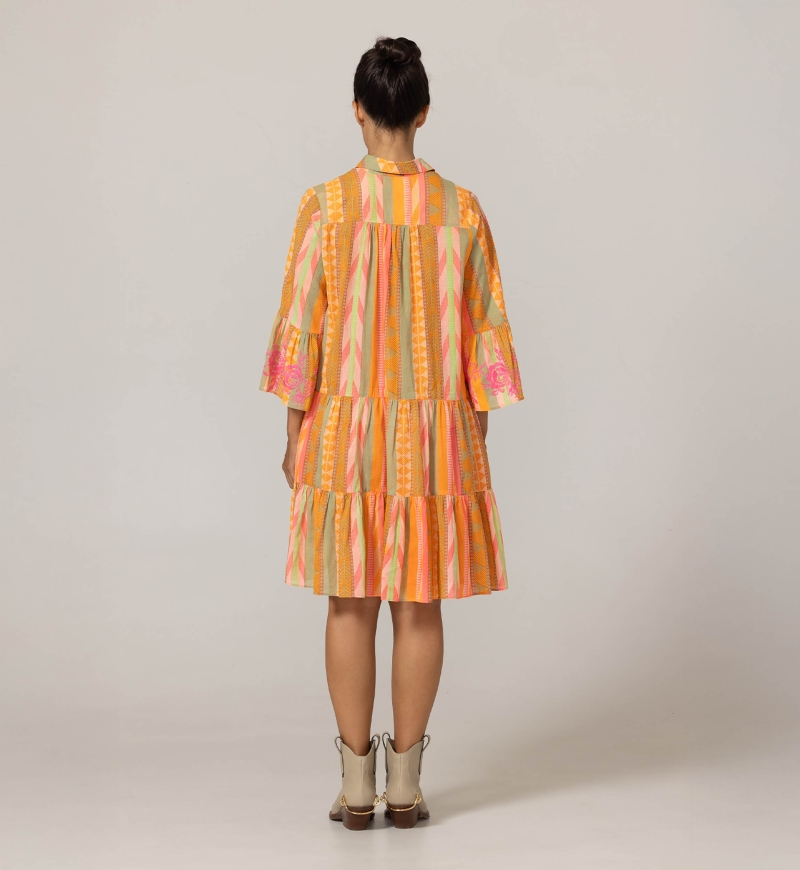 Kurzes Kleid Akira - verziert mit Stickereien - 100 % Baumwollvoile - Streifen in lebendigen Farben - Miss June Paris - 4