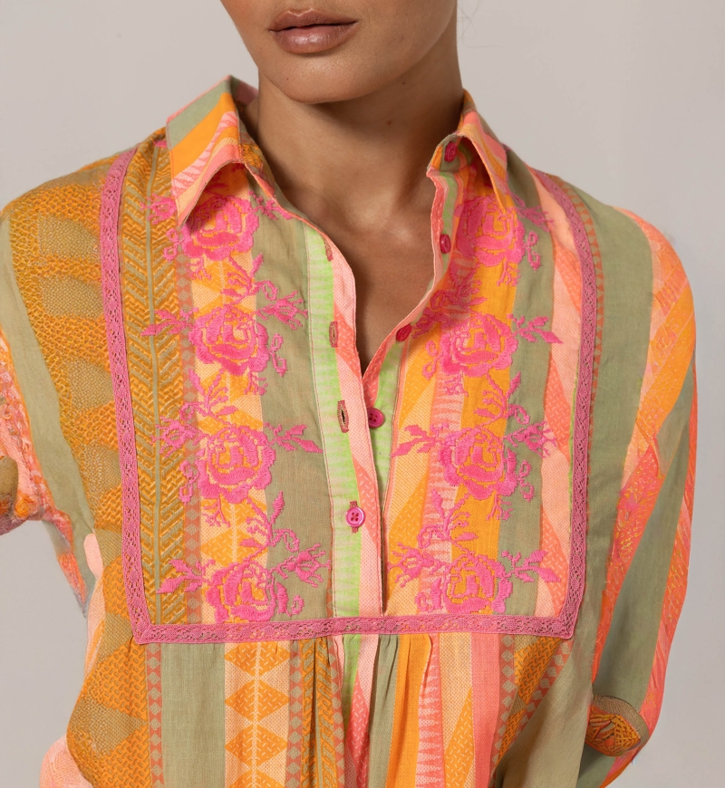 Robe courte Akira - ornée de broderies - 100% voile de coton - rayures aux couleurs vibrantes - Miss June Paris - 5