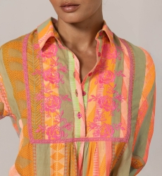 Vestido curto Akira - adornado com bordados - 100% voile de algodão - listras de cores vibrantes - Miss June Paris - 5