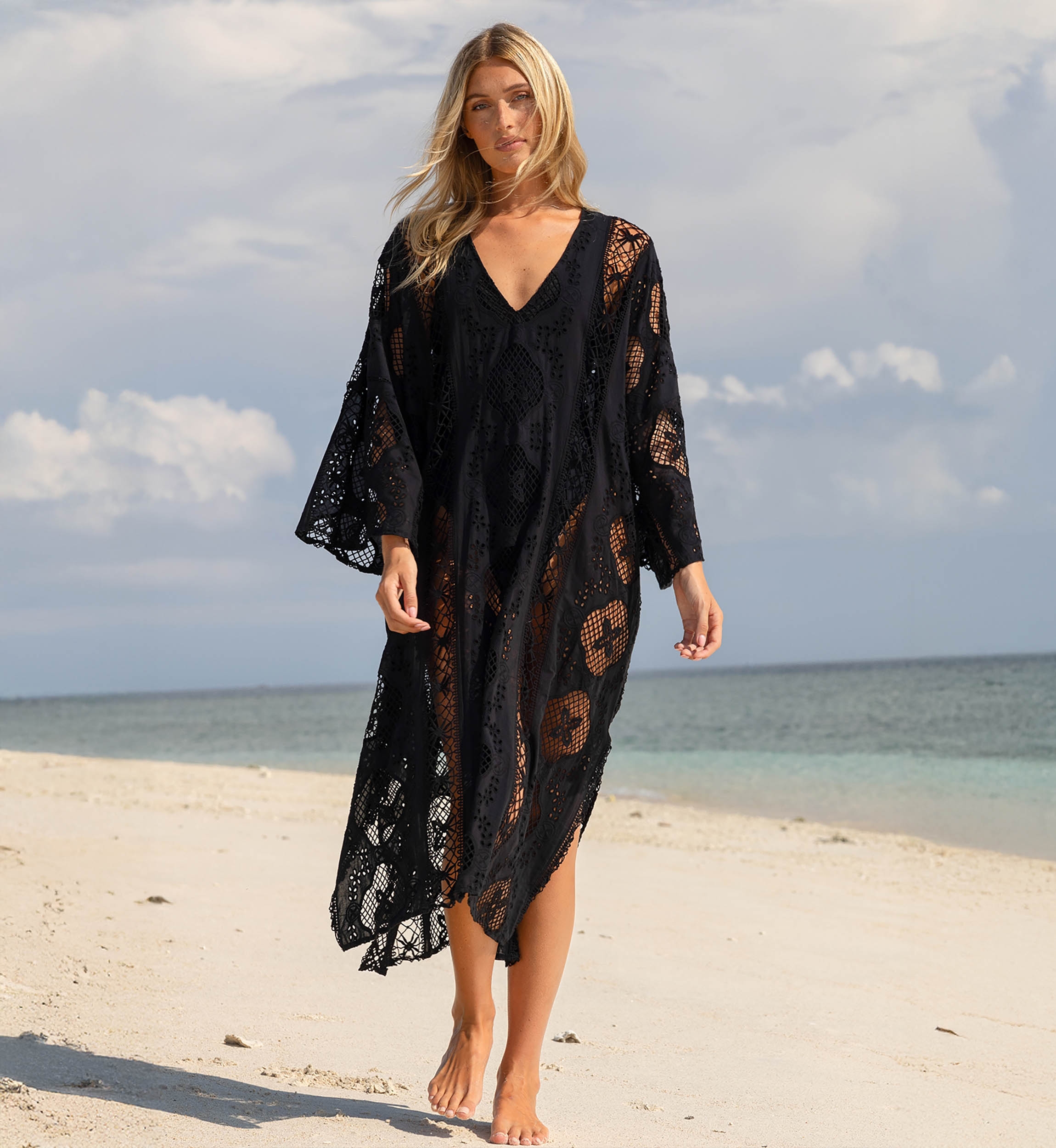 Langer schwarzer Eden-Kaftan - Englische Stickerei - 100% Baumwolle - Miss June Paris - 1