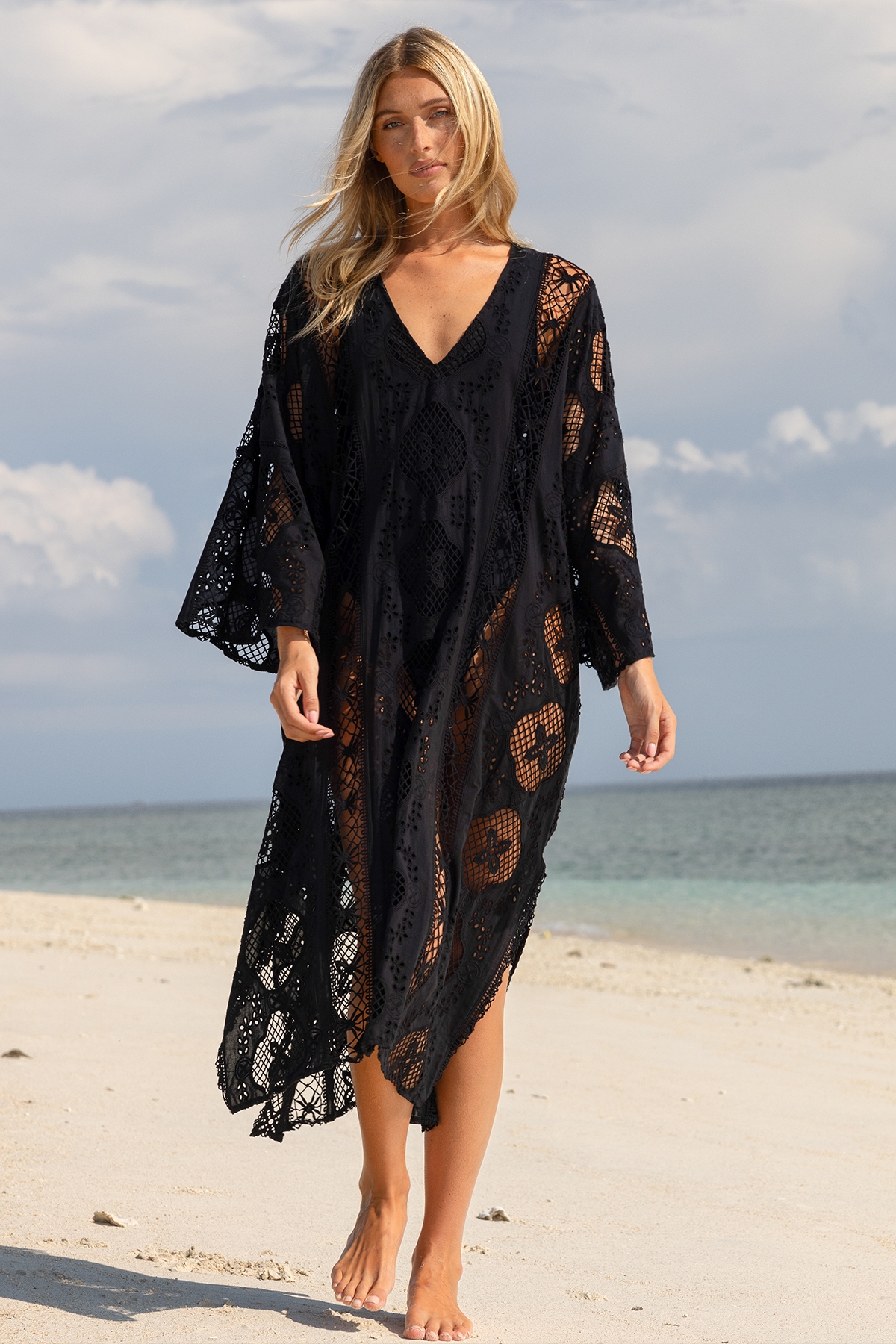 Long Eden Caftan Black - English Embroidery - 100% Cotton - Miss June Paris - 1