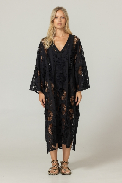 Long Eden Caftan Black - English Embroidery - 100% Cotton - Miss June Paris - 3