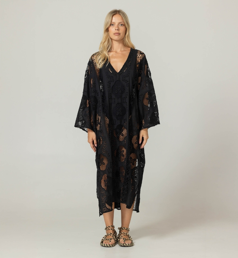 Caftan longo Eden preto - Bordado inglês - 100% algodão - Miss June Paris - 3