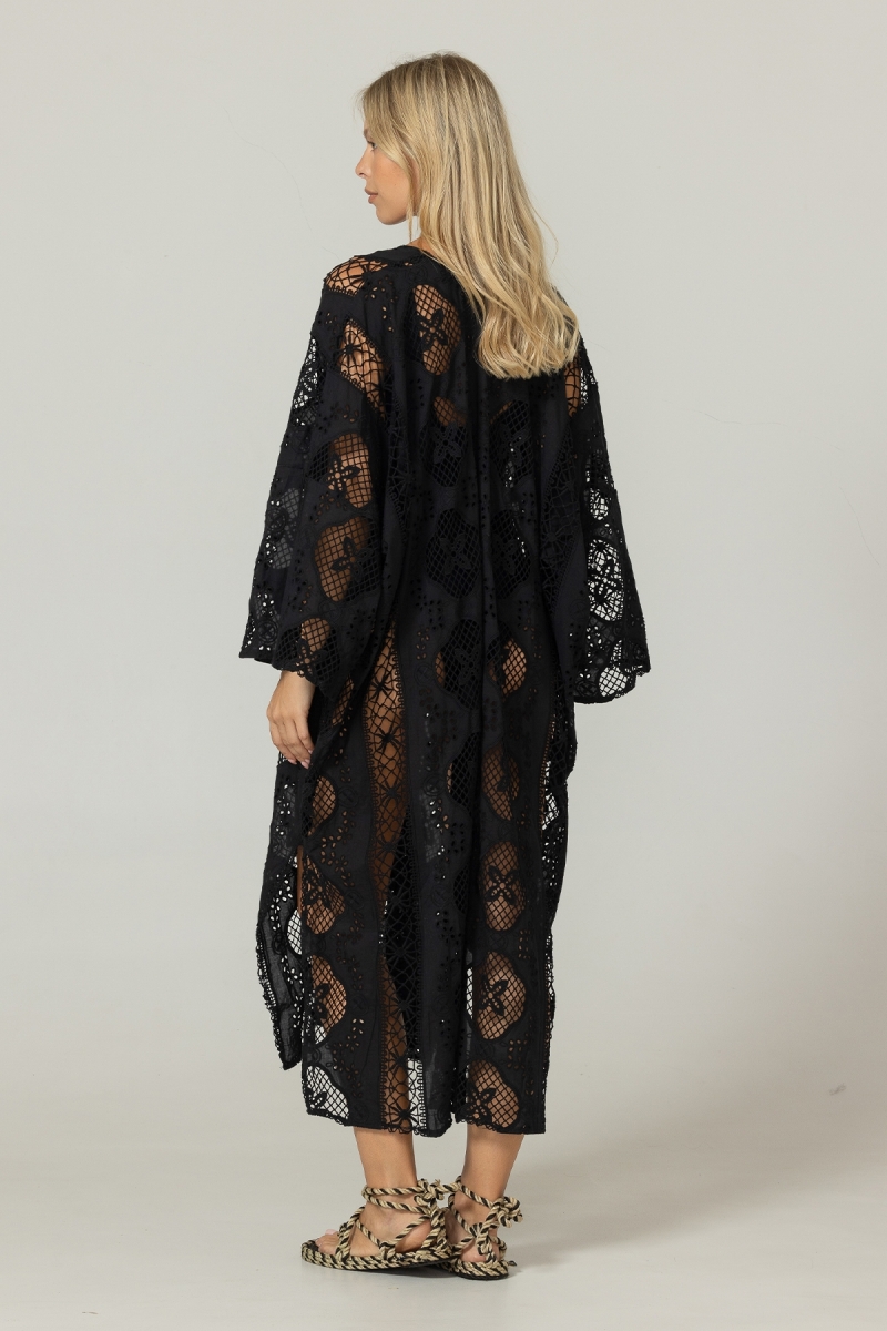 Caftano lungo Eden nero - Ricamo inglese - 100% cotone - Miss June Paris - 4