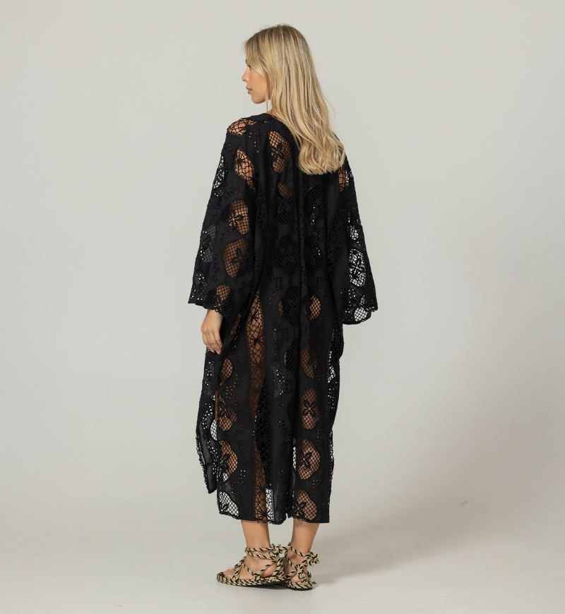 Caftan long Eden noir - Broderie anglaise - 100% coton - Miss June Paris - 4
