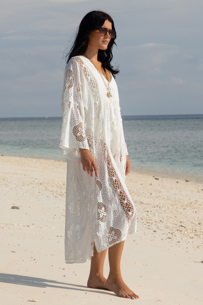 Long Eden Caftan White - English Embroidery - 100% Cotton - Miss June Paris - 1